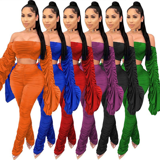 Spring Summer Two Piece Set Women Solid One Shoulder Shirring 2 Piece Sets Pant Suits Club Outfits Streetwear Wholesale Items