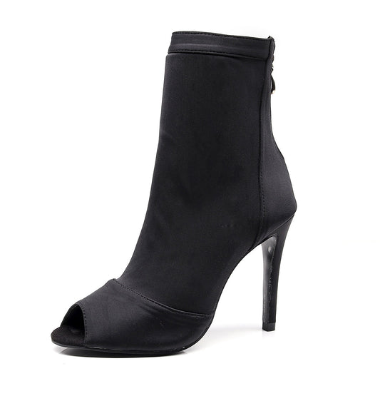 Women's black boots, mid length Latin dance shoes, mid high heels